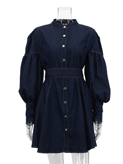 Lace-up Denim Mini Dress for Patchwork High Waist Bandage Jean Female Slim Dress Autumn