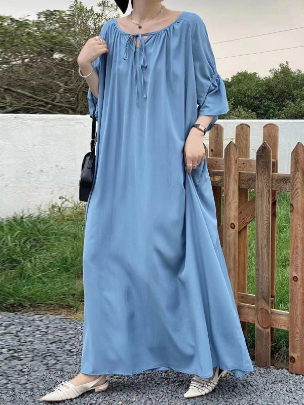 Half Sleeves Loose Color Round-neck Midi Dresses