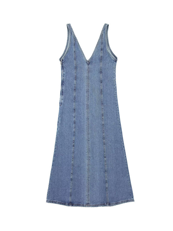 Sleeveless Split-joint V-neck Midi Dresses