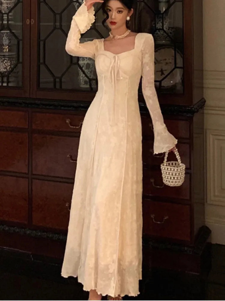 ’s Midi Dress Flare Sleeves Square Collar A-line Lace Up Autumn Spring French Prom Robe Vestidos New