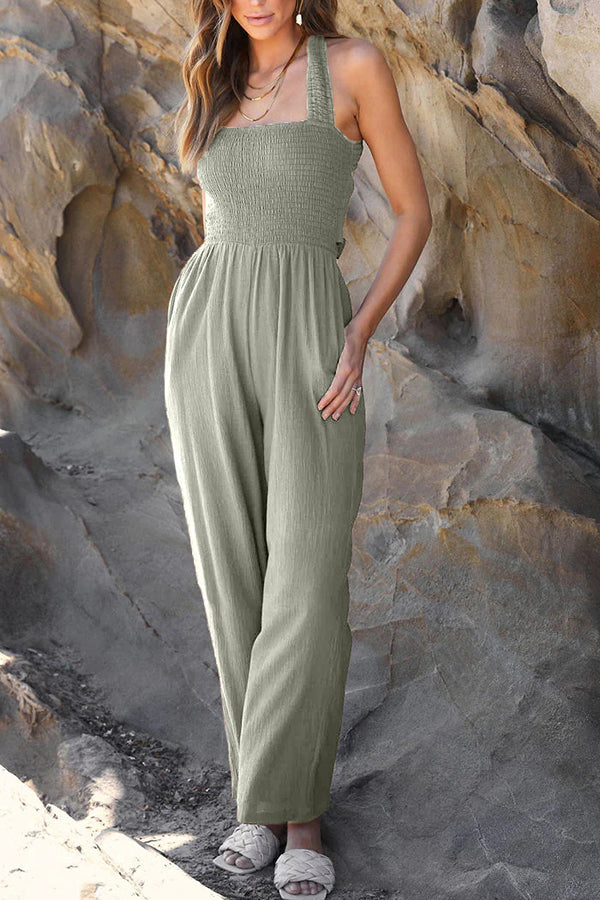 Collarless Straight Wide Leg Open Back Cross Strap Jumpsuit