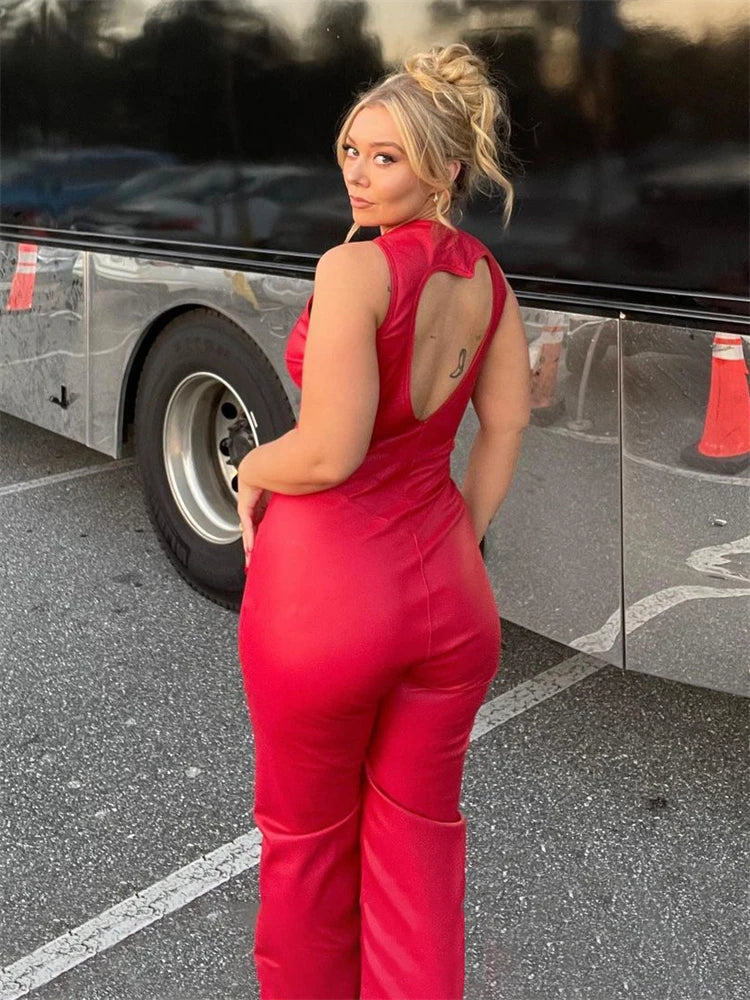 Backless Heart Cutout Bodycon Jumpsuit for Sleeveless Slim One-piece Outfits Retro Denim Jumpsuits New