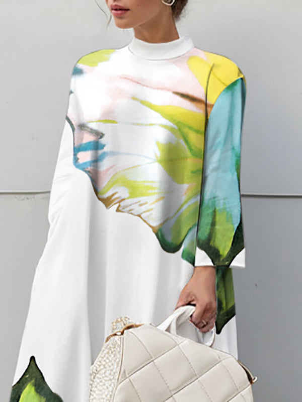A-line High-low Asymmetric Flower Print Mock Neck Midi Dresses