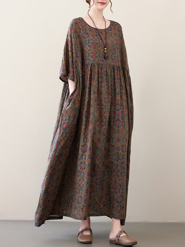 Vacation Loose Half Sleeves Printed Pleated Round-neck Midi Dresses