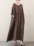Vacation Loose Half Sleeves Printed Pleated Round-neck Midi Dresses