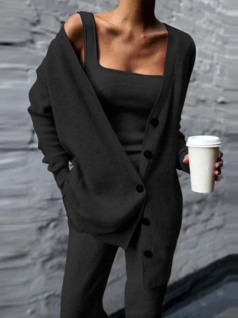 Knitted 3 Pices Set Cardigan Tops Tank Top and Loose Long Pants Suit Tracksuit Fall Winter