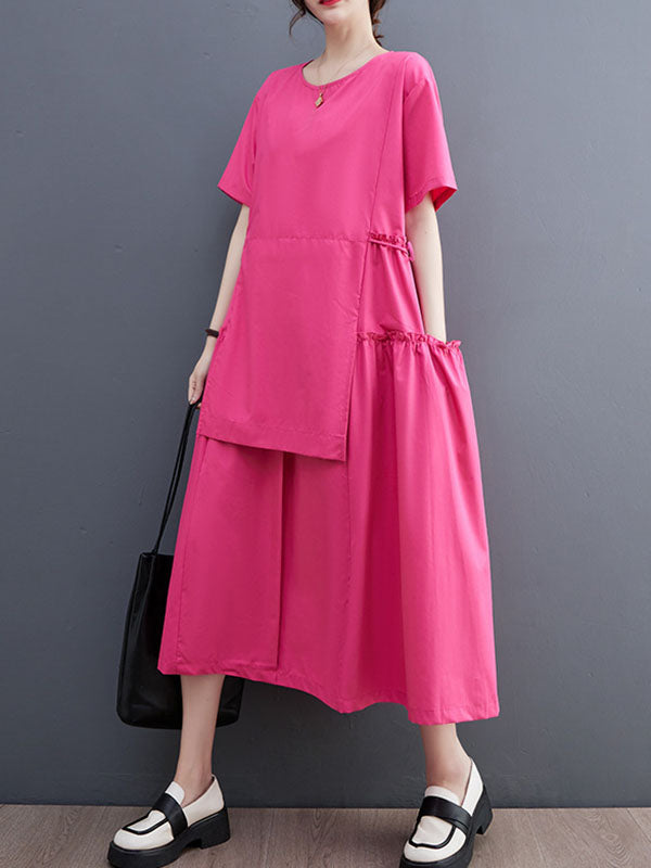Loose Short Sleeves Color Split-joint Round-neck Midi Dresses
