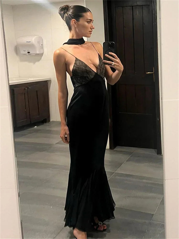 Female Mesh Lace Halter Dresses Patchwork Backless Slim V-neck Spaghetti Maxi Dress Printed Long Dress