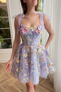 Lavender Lace Up High Waisted Back Zip Mini Dress