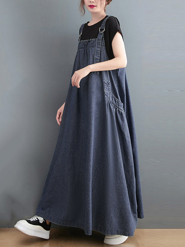 Loose Artistic Retro Color Strap Denim Midi Dress