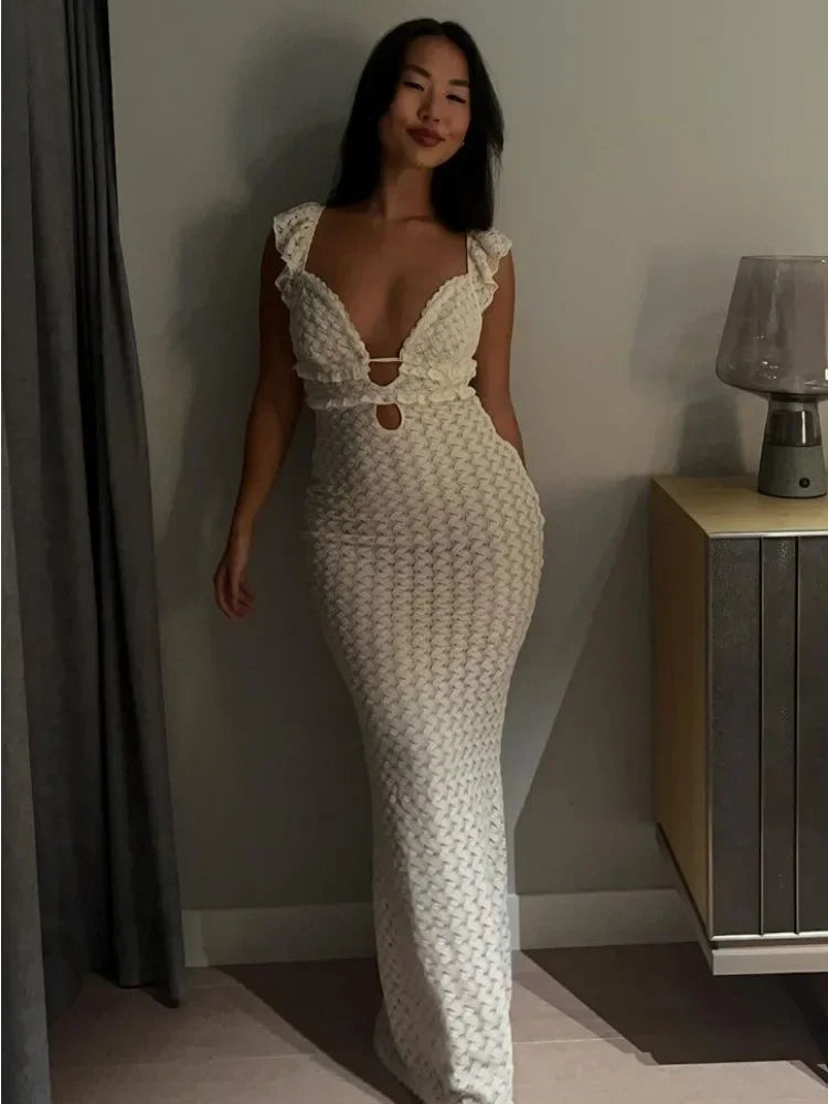 Knit V-neck Maxi Dress ’s Slim High Waist See-through Patchwork Bandage Backless Dress Female Knitwear Dress