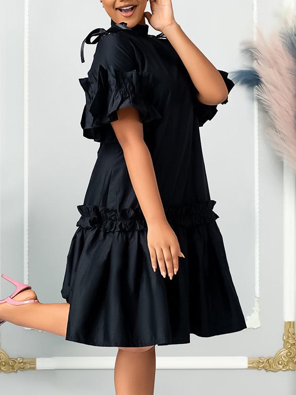 A-line Half Sleeves Pleated Color Split-joint Zipper Mock Neck Midi Dresses