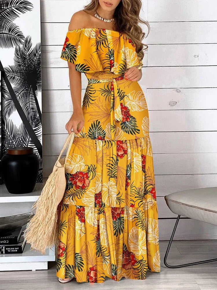 Print Off Shoulder Long Dresses Summer Ruffles One-piece Collar Leace-up Maxi Dress Female Commuting Vestidos New