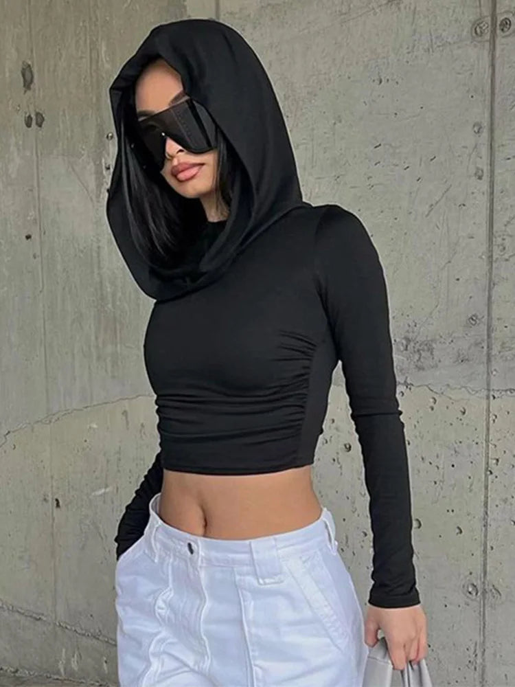 ’s Hooded Crop Tops Autumn Color Long Sleeve Cowl Neck Slim Fit Short T-shirt Sporty Basics Tees