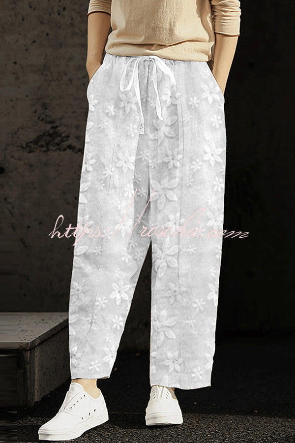 Wishing for It Cotton Linen Patchwork Flower Elastic Waist Pocketed Pants