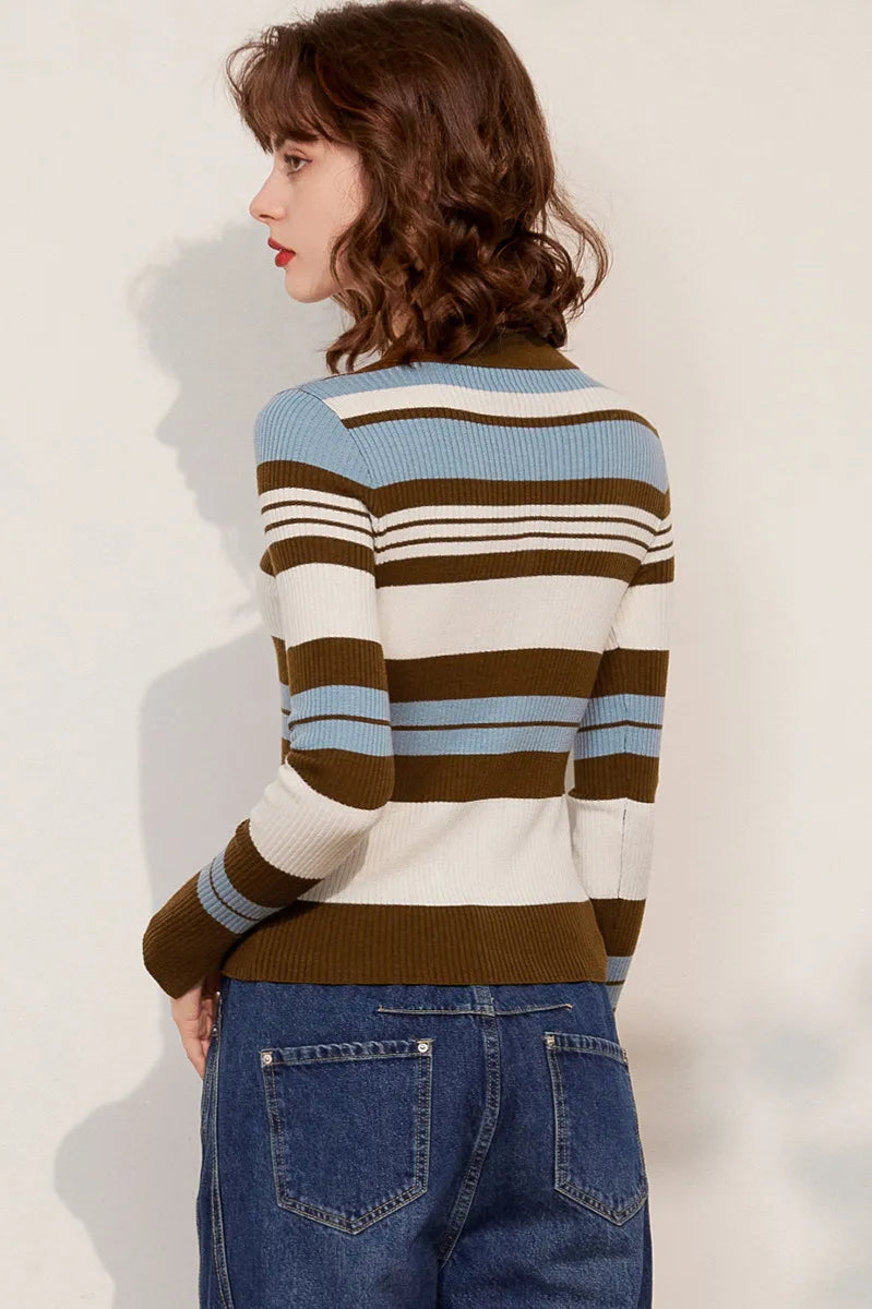 Striped Knit Turn-down Collar Cardigan
