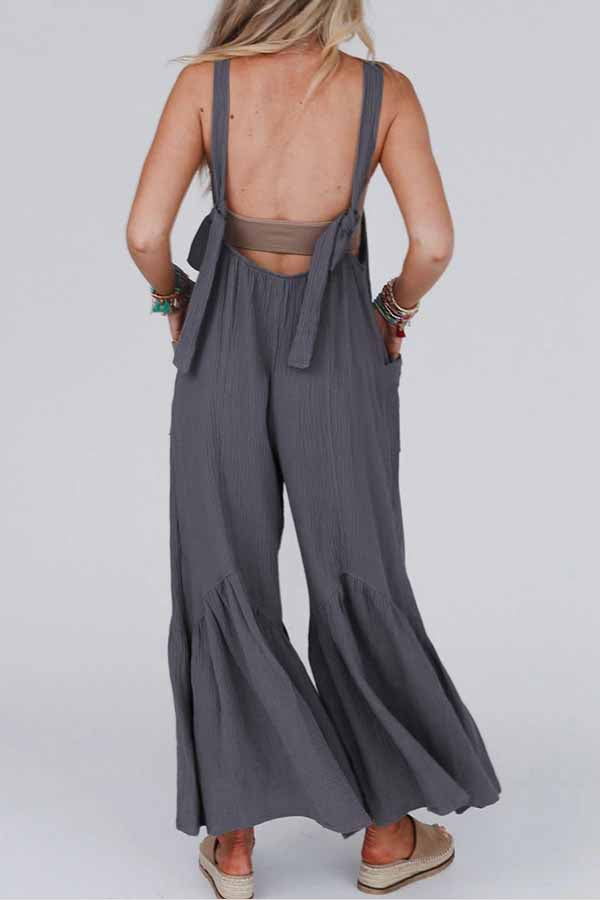 Grey Color Sleeveless Flare Leg Jumpsuit With Pockets