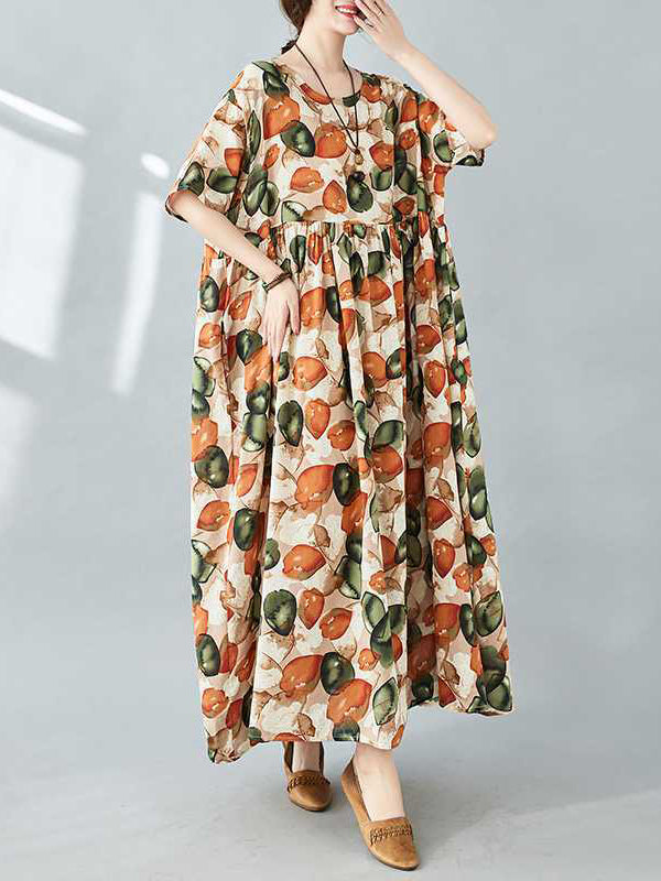 Half Sleeves Loose Pleated Printed Split-joint Round-neck Midi Dresses