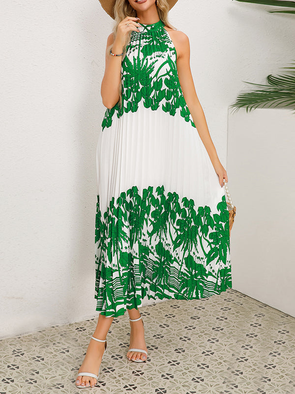 A-line Loose Hollow Pleated Printed Tied Mock Neck Midi Dresses