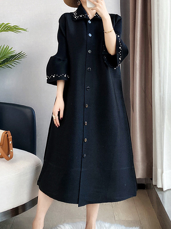 Loose Three-quarter Sleeves Beaded Pleated Lapel Midi Dresses