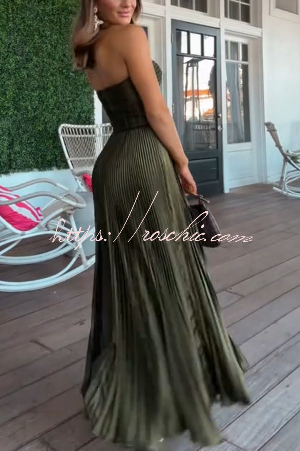 Love Note Satin Sweetheart Twist Off Shoulder Pleated Maxi Dress