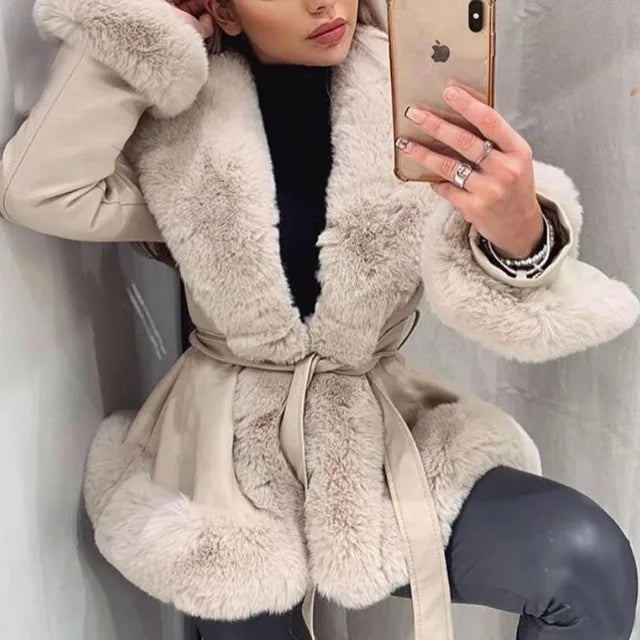 Pu Splice Fur Collar Wrap Coat for Lace Up Slim Long Sleeve Coat Woman Winter Street Jacket ’s Clothes