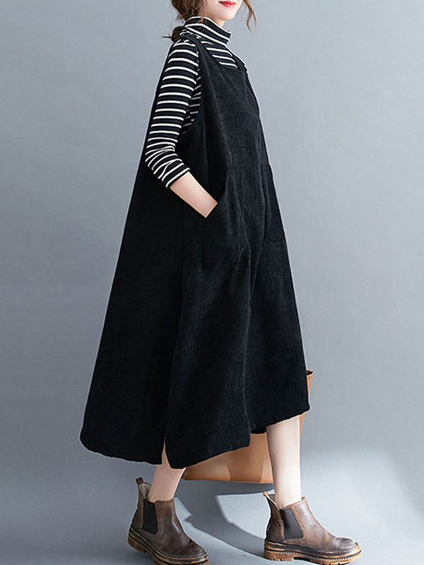 Corduroy Sleeveless Split-joint Round-neck Midi Dress