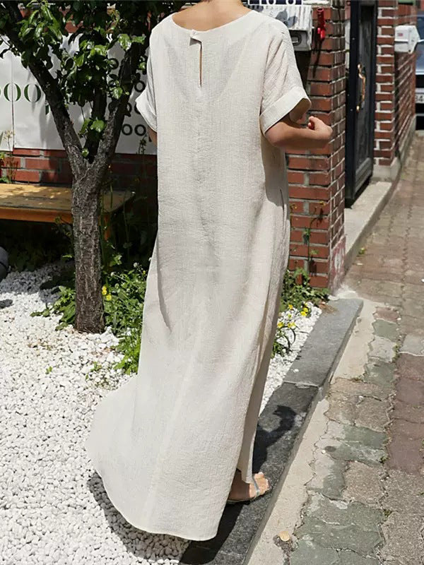 A-line Loose Hollow Color Split-side Tied Waist V-neck Midi Dresses