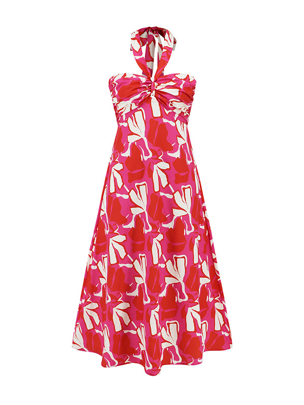 A-line Loose Hollow Printed Split-joint Halter-neck Midi Dresses