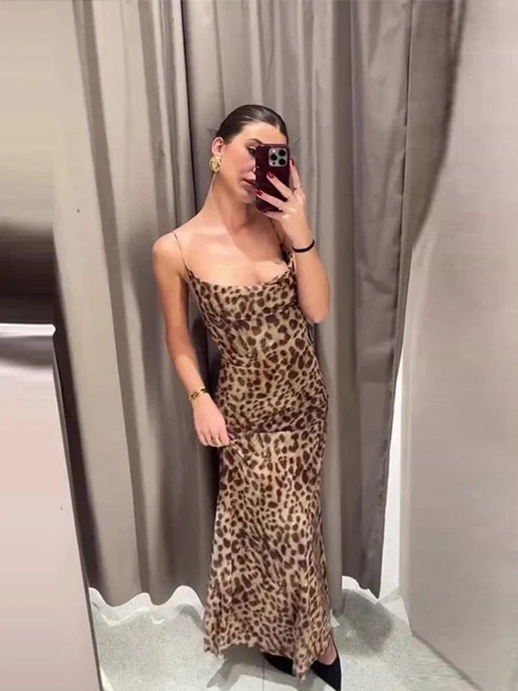New Leopard Print Sling Maxi Dress for Summer Backless Sleeveless Slip Long Dress Female Party Vestidos