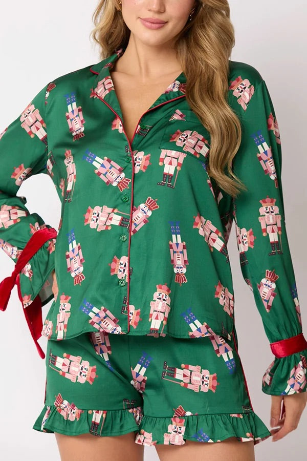 Christmas Printed Bow Tie Top and Elastic Waist Ruffle Shorts Set
