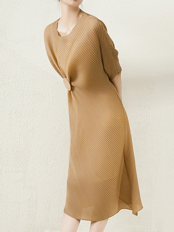 Stylish Irregularity Loose Pleated Color Round-neck Midi Dresses