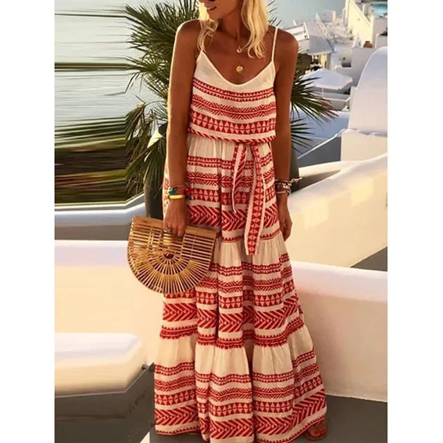 Style Print Spaghetti Strap Long Dresses V-neck Leace-up Beach Camisole Dress Summer New Lady Vestido