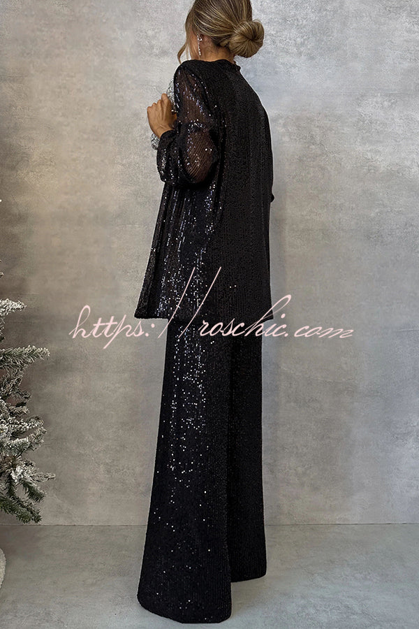 Party Scene Sequin High Rise Elastic Waist Wide Leg Pants