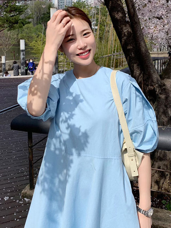Round-neck Bishop Sleeve Loose Color Midi Dress