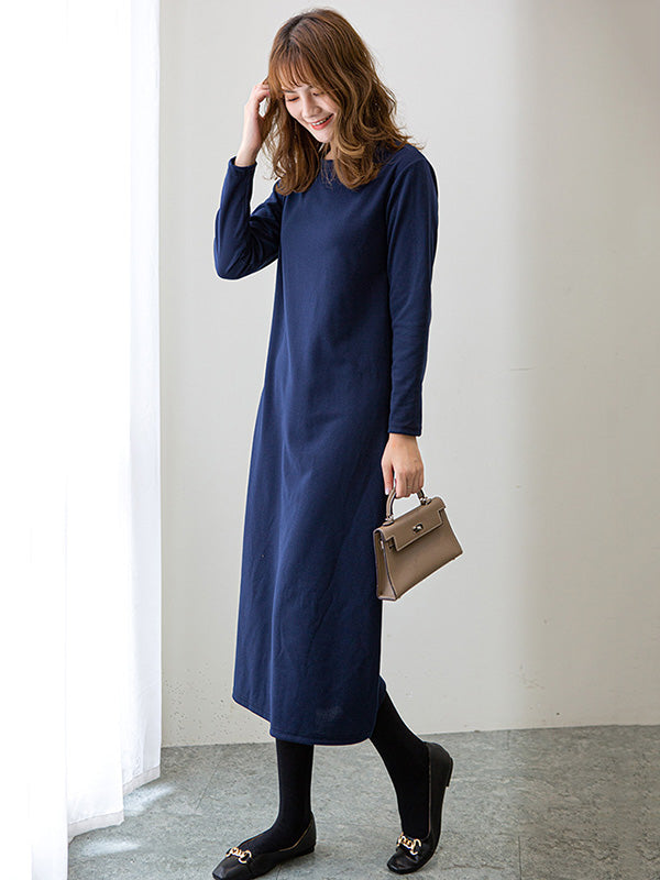 Simple Color Round-neck A-line Midi Dress