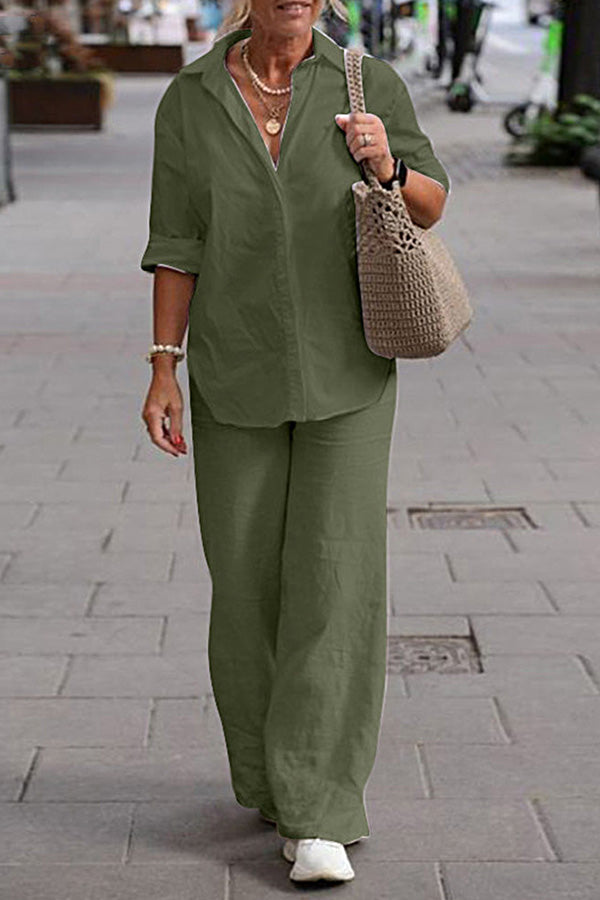 Two Piece Set Lapel Long-sleeved Shirt Color Wide-leg Pants Suit