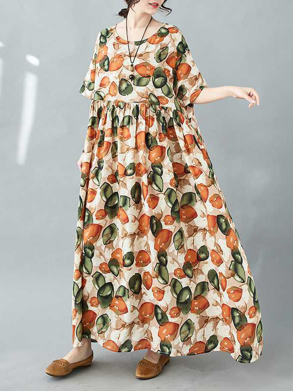 Half Sleeves Loose Pleated Printed Split-joint Round-neck Midi Dresses