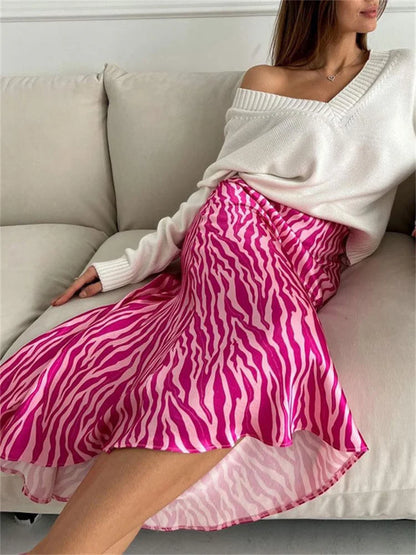 For Y2k Skirt Printed Striped Contrast Midi Skirt Female Summer Slim Long Skirt