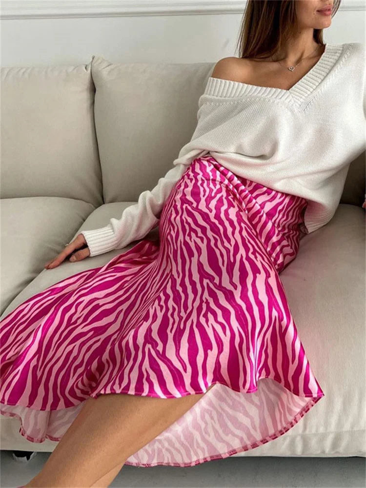 For Y2k Skirt Printed Striped Contrast Midi Skirt Female Summer Slim Long Skirt