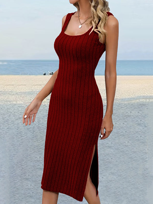 Skinny Sleeveless Color Split-side Striped U-neck Midi Dresses