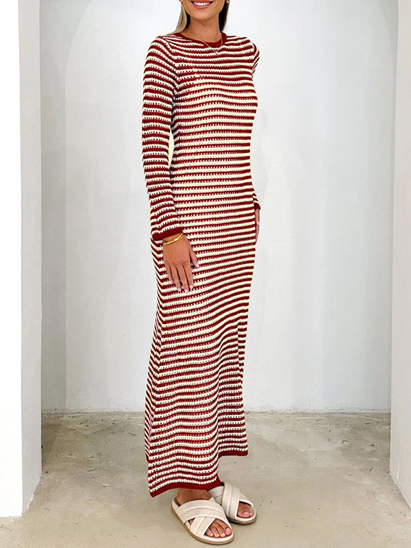 High Waisted Long Sleeves Contrast Color Striped Tied Round-neck Midi Dresses Sweater Dresses