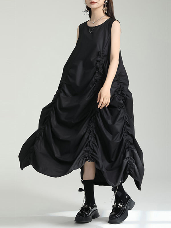 Loose Sleeveless Asymmetric Elasticity Pleated Color Round-neck Midi Dresses