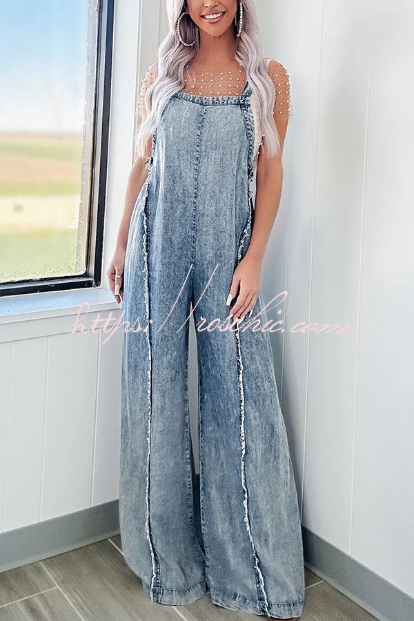 Washed Denim Raw Edge Elastic Waist Wide Leg Jumpsuit