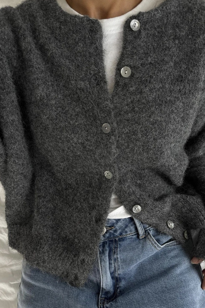 Soft Gray Shell-button Knit Cardigan