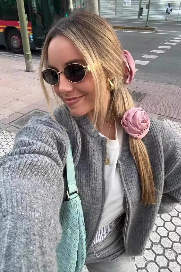 Crew-neck Long-sleeve Zip Knit Cardigan
