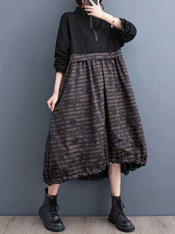 Long Sleeves Loose Drawstring Printed Split-joint Zipper Midi Dresses