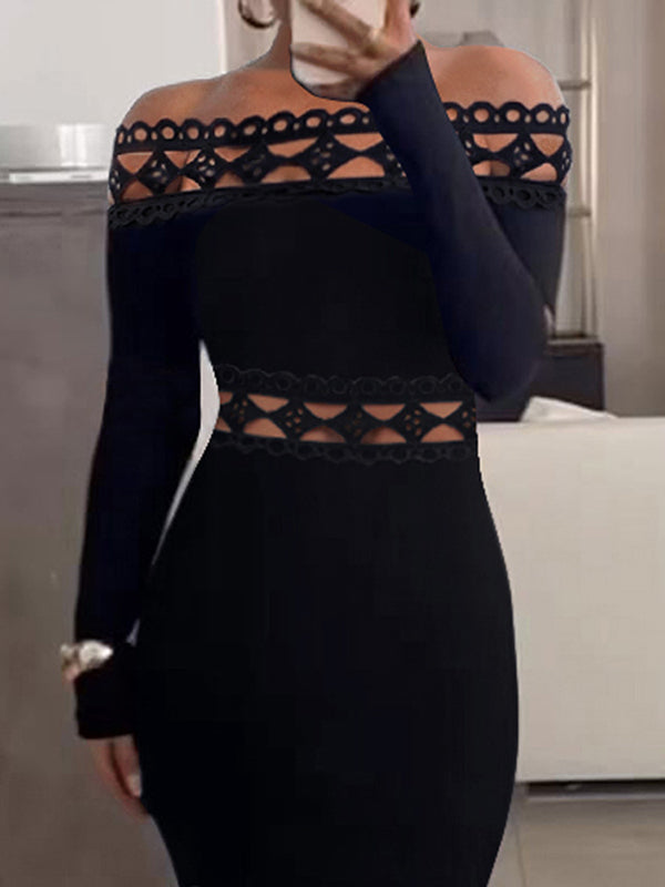 Bodycon Long Sleeves Hollow Color Split-joint Off-the-shoulder Midi Dresses