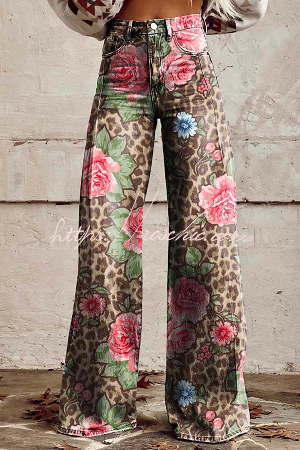 Unique Print Button Pocket Wide Leg Pants