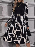 Long Sleeves Printed Split-joint Stand Collar Midi Dresses